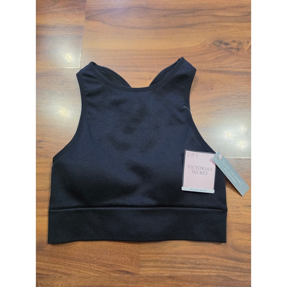 NWT Victoria's Secret Sports Bra Medium Black Flow On Point High Neck Racerback